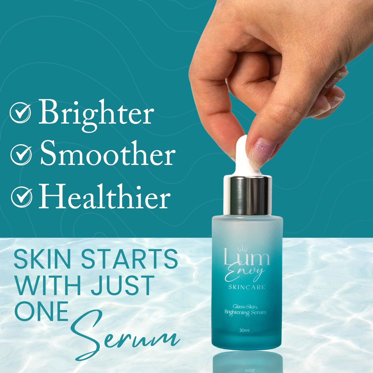LumEnvy serum droplet texture close-up highlighting lightweight absorption and hydration