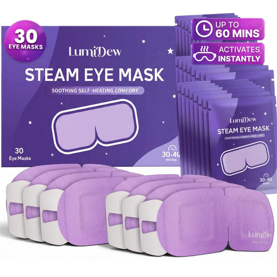 LumiDew front packaging showing 30 unscented steam eye masks for convenience