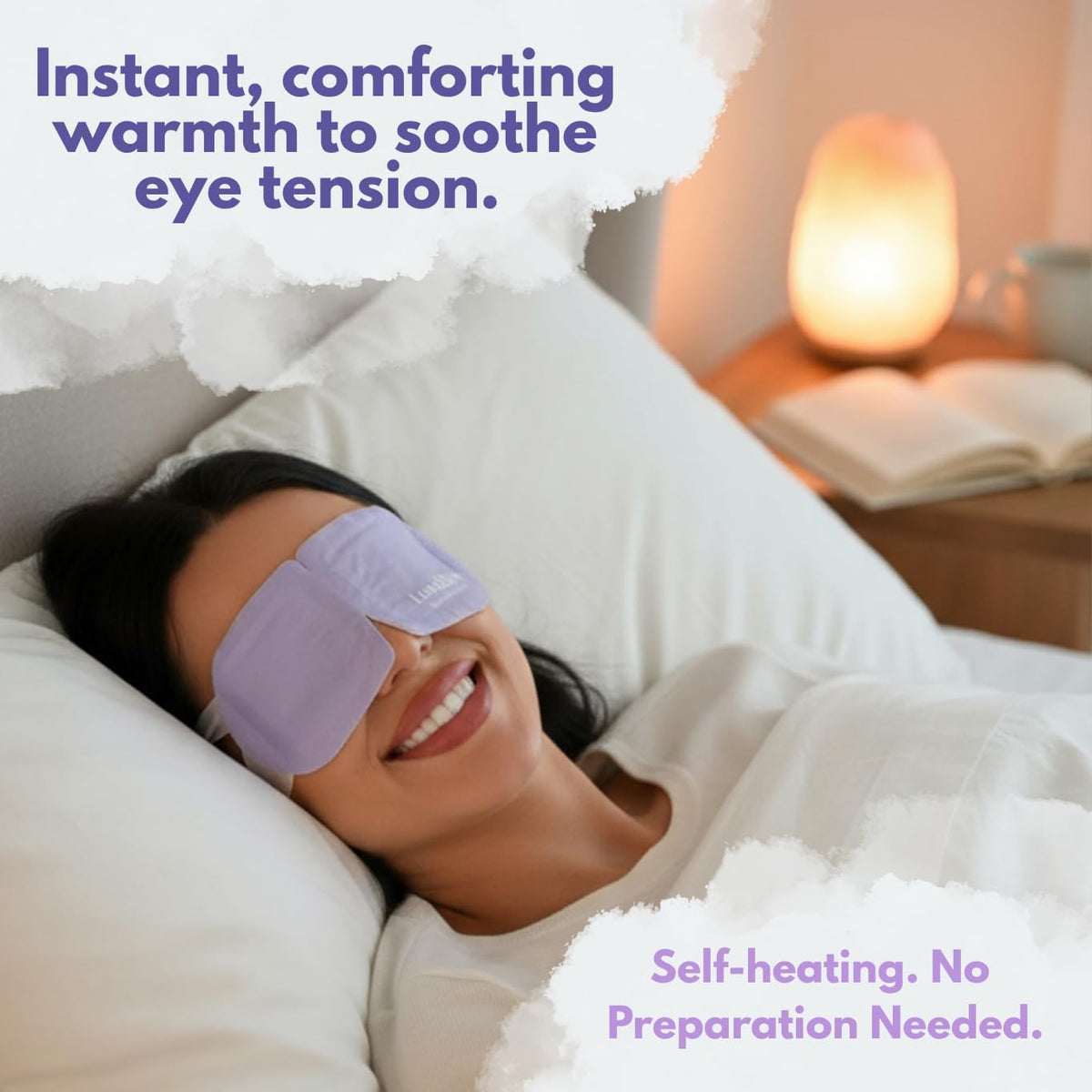 Person wearing LumiDew mask in bed demonstrating relaxation and light blocking