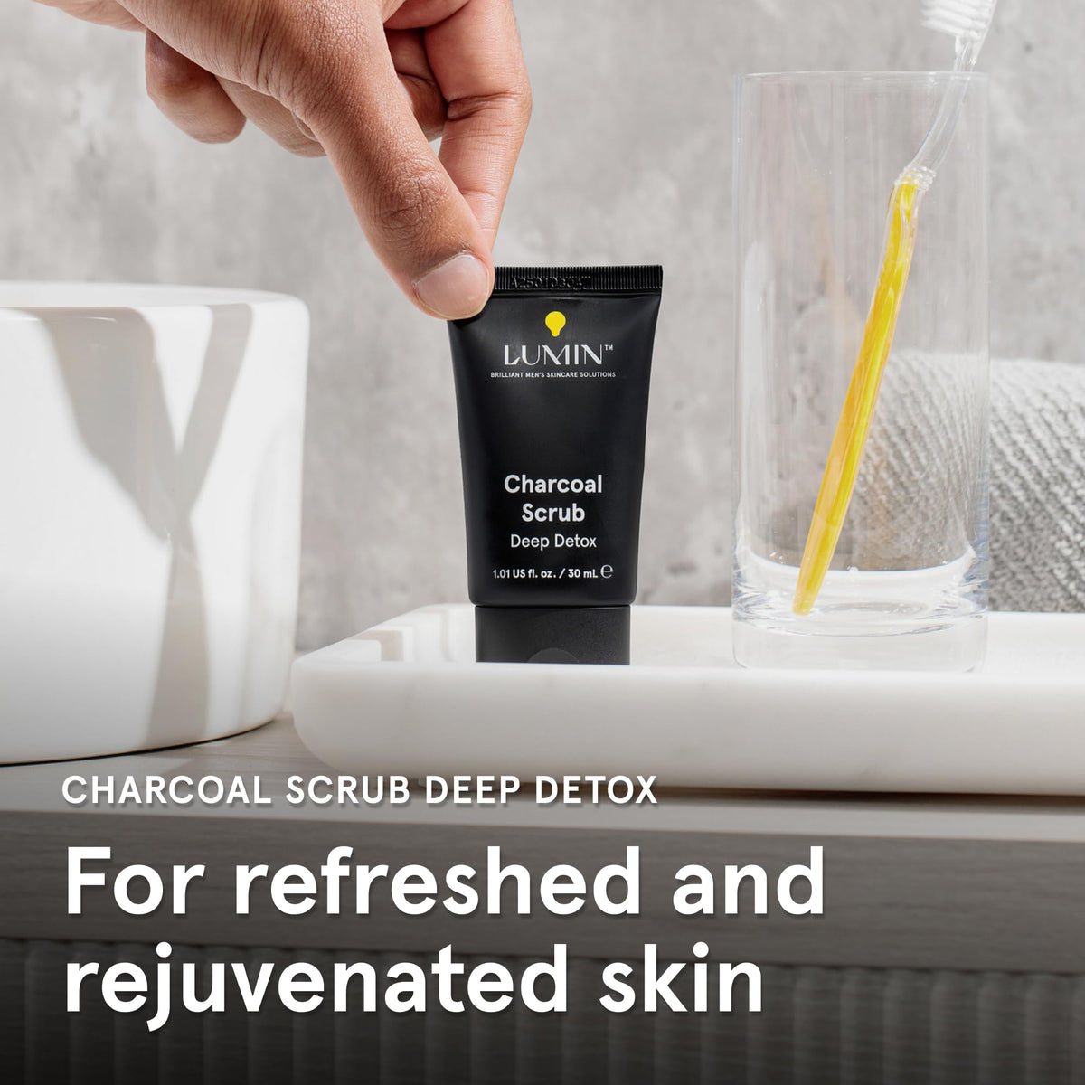 lumin charcoal scrub bathroom shelf lifestyle showing daily routine convenience