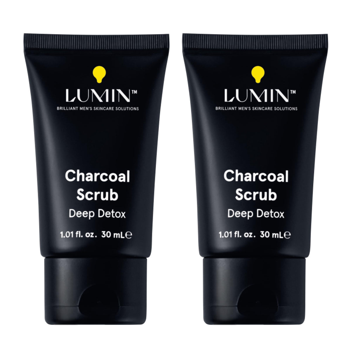 lumin charcoal scrub front pouch showing tube and branding for clear presentation