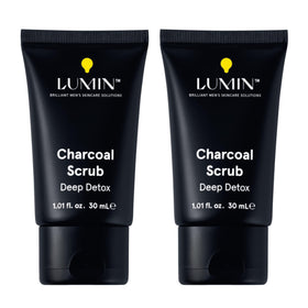 lumin charcoal scrub front pouch showing tube and branding for clear presentation