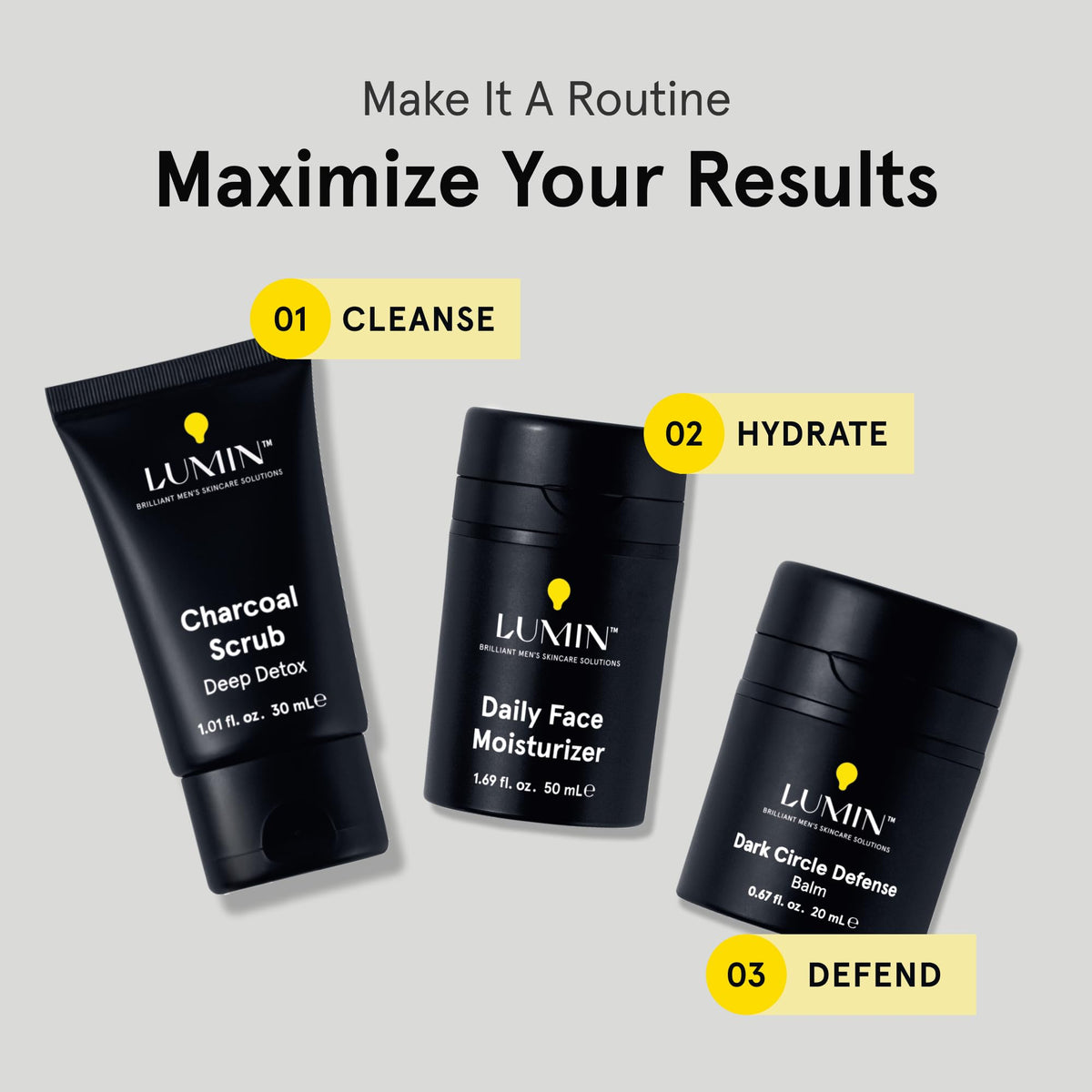 lumin charcoal scrub size comparison with coin showing travel friendly 30ml pack