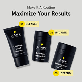 lumin charcoal scrub size comparison with coin showing travel friendly 30ml pack