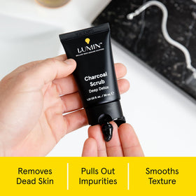 lumin charcoal scrub texture closeup showing exfoliant beads for gentle polish benefit