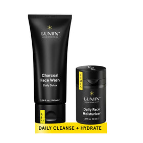 Lumin kit front packaging showing charcoal wash and moisturizer, clear routine benefit