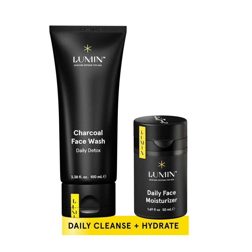 Lumin kit front packaging showing charcoal wash and moisturizer, clear routine benefit