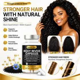 Lumin Hair ingredient display with biotin and botanicals emphasizing nourishing blend