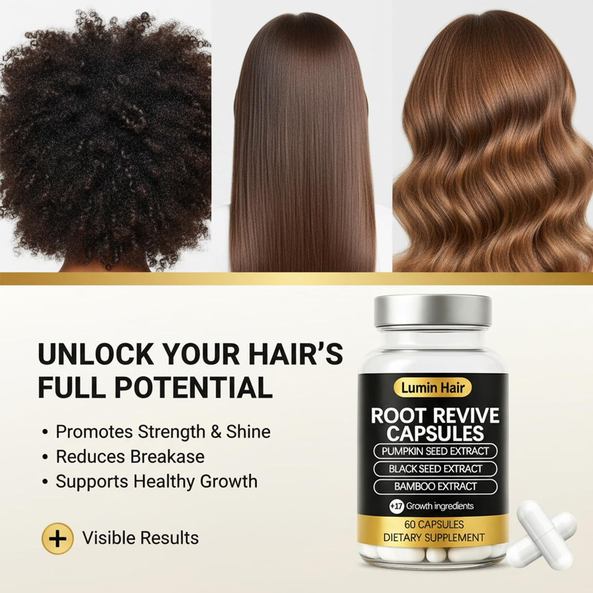 Lumin Hair bottle next to scattered capsules to show count and actual product size