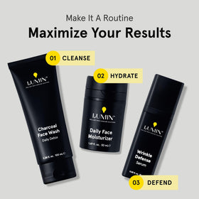 Lumin label close-up highlighting Vitamin C and Ferulic Acid for brighter-looking skin