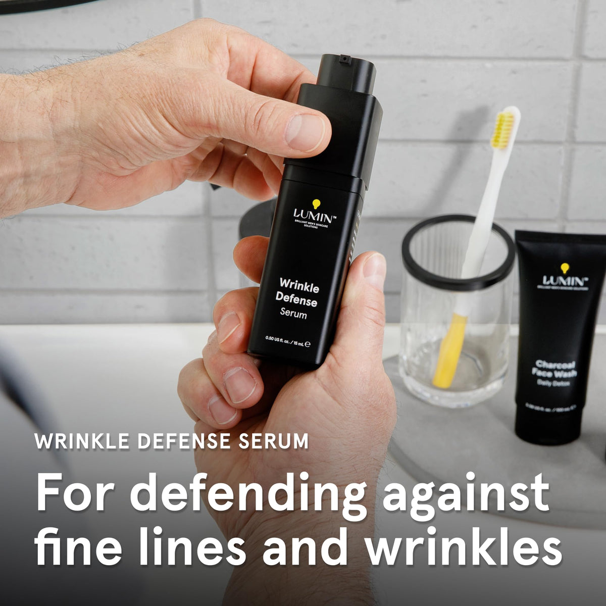 Lumin bottle staged in bathroom scene representing effortless daily grooming routine