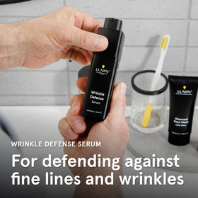 Lumin bottle staged in bathroom scene representing effortless daily grooming routine