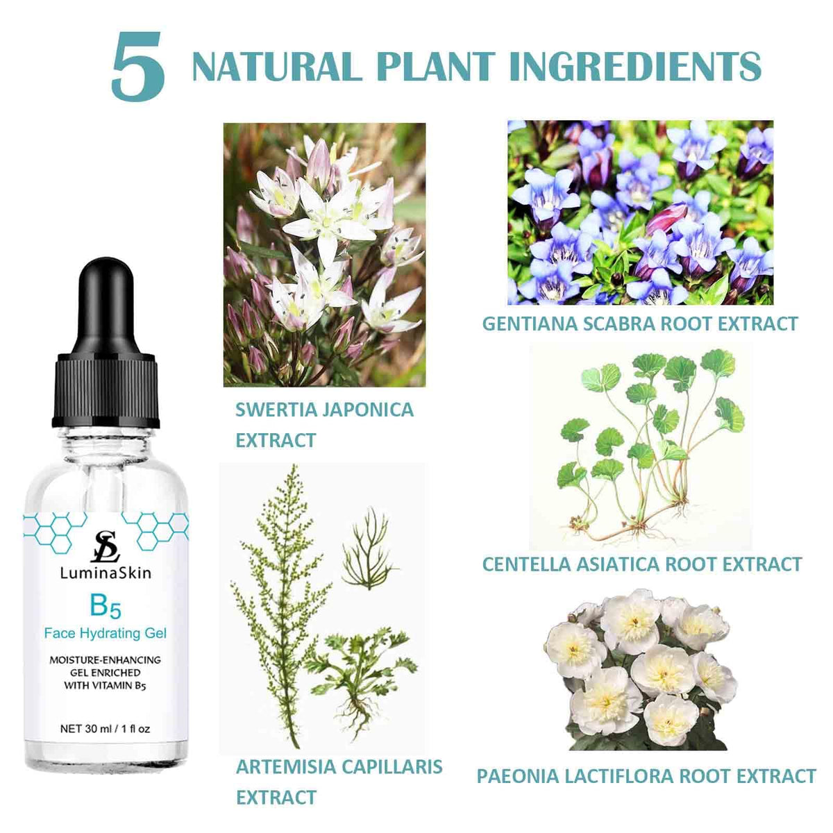 LuminaSkin label close-up listing hyaluronic acid and vitamins benefit