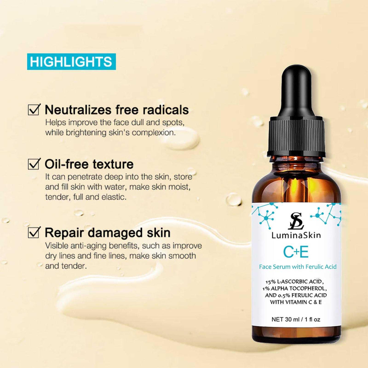 LuminaSkin serum texture close-up showing lightweight, fast absorbing fluid