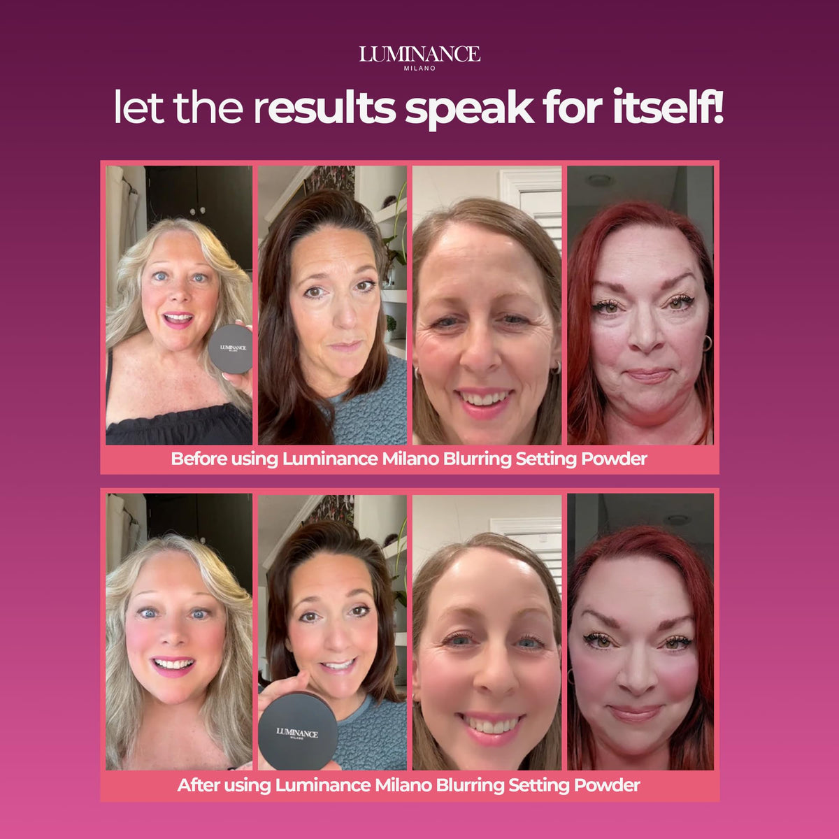 Luminance Milano application demo with brush pressing powder to control shine