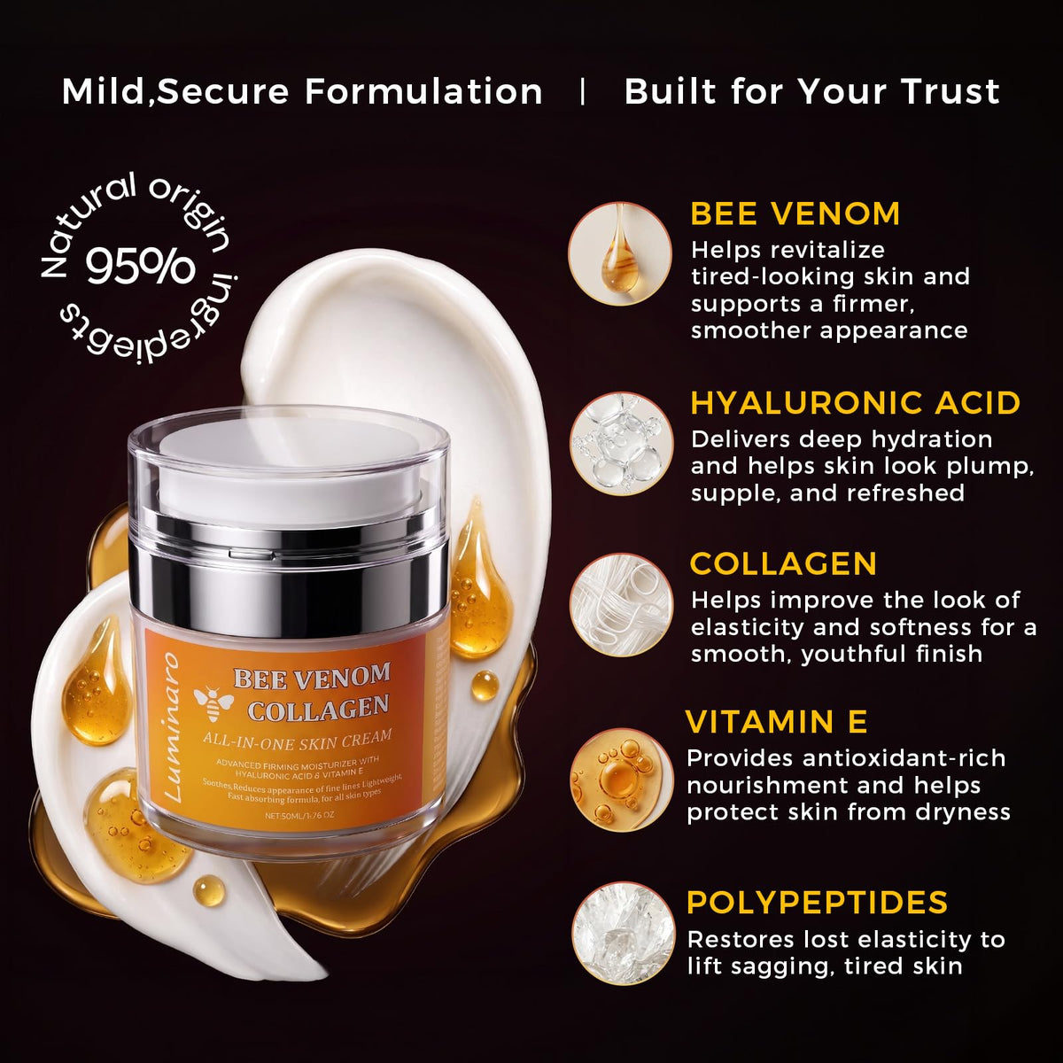 luminaro ingredients honey collagen hyaluronic acid arranged to show natural nourishing benefit