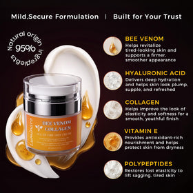 luminaro ingredients honey collagen hyaluronic acid arranged to show natural nourishing benefit