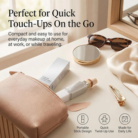Lumineskin Labs Facelove in a travel bag lifestyle shot conveying on‑the‑go makeup solution
