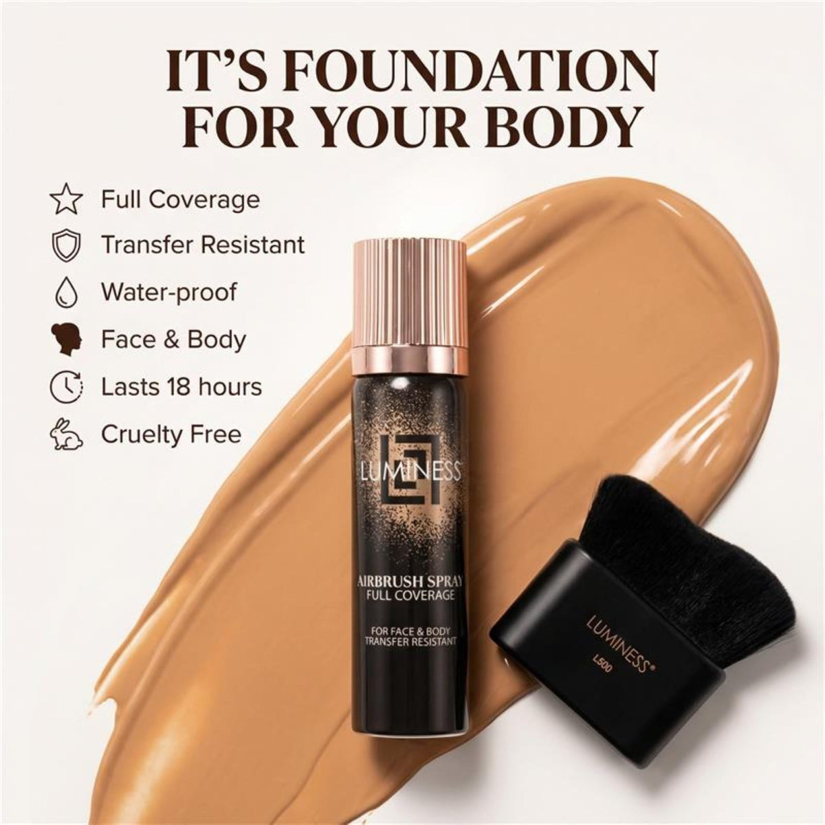 LUMINESS close-up spray on brush revealing silky texture and blendability