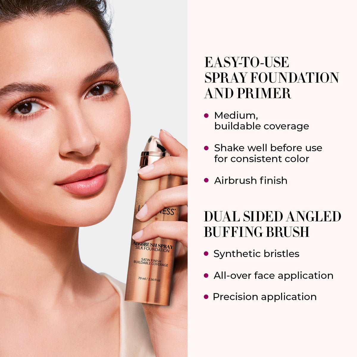 LUMINESS foundation aerosol nozzle releasing mist, even coverage benefit