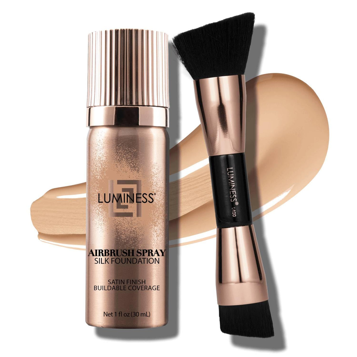 LUMINESS front packaging showing foundation can and brush for easy use