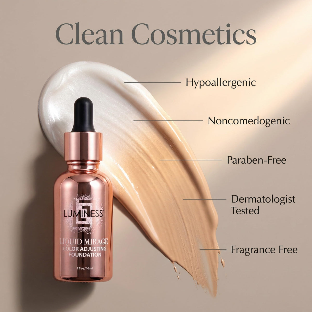 LUMINESS foundation texture close‑up showing hydrating formula benefit