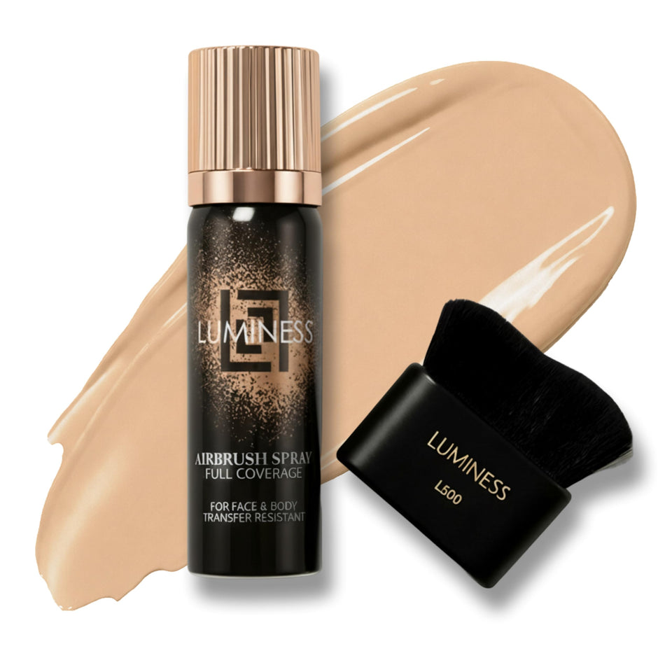 LUMINESS front can and kabuki brush showing professional application benefit