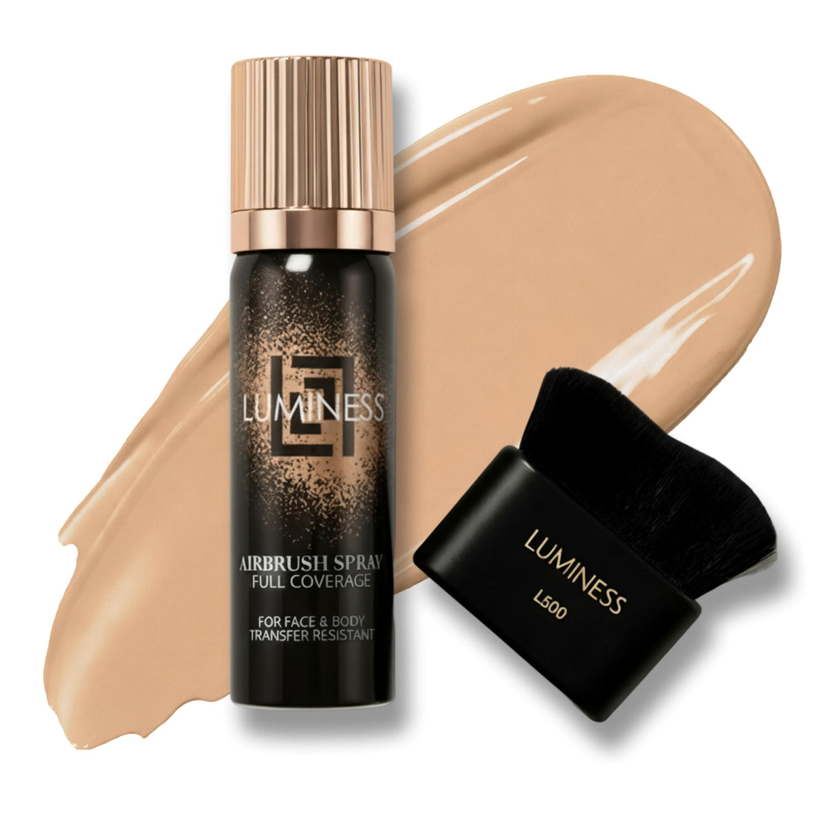 LUMINESS front can and kabuki brush showing packaging and included applicator for precise coverage