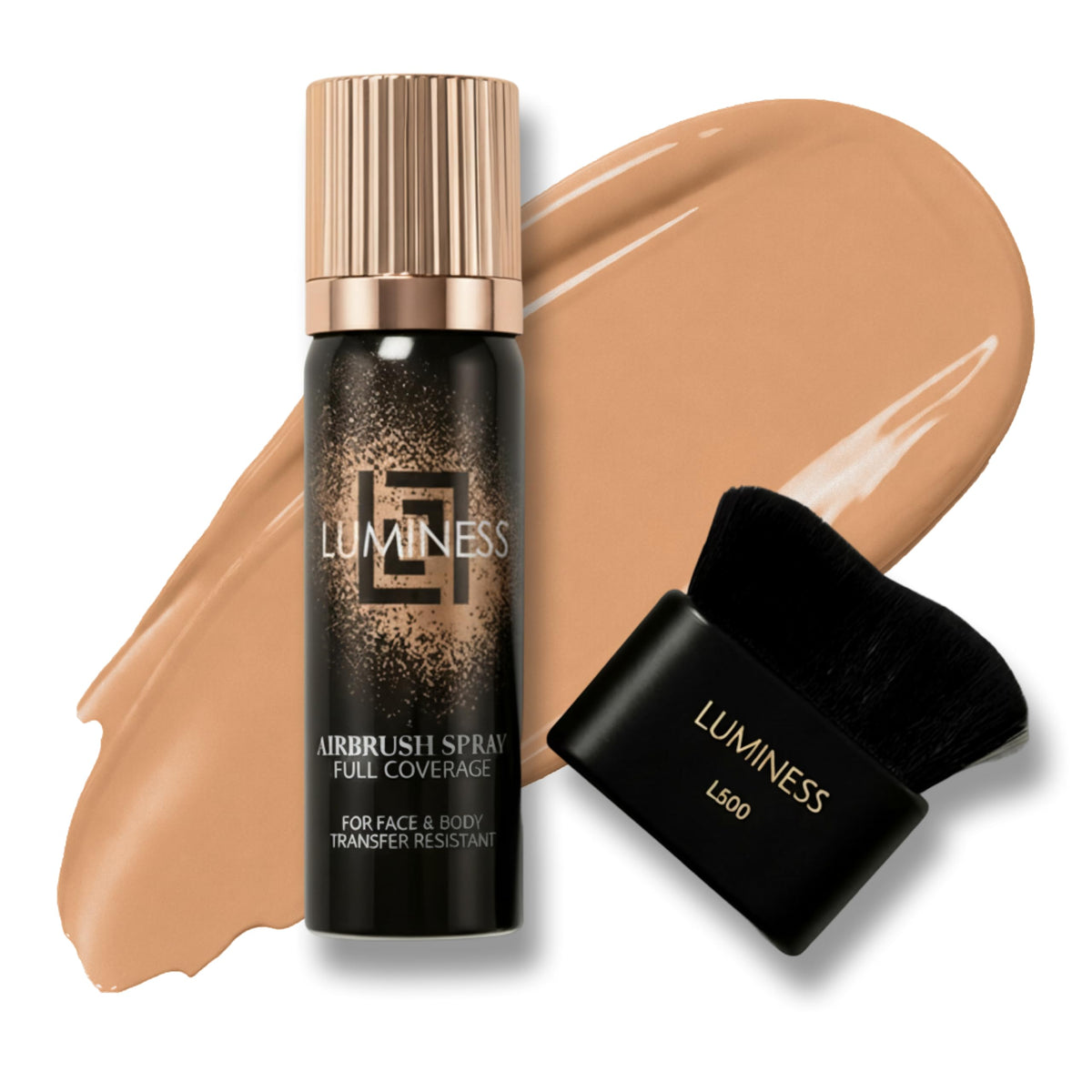 LUMINESS front packaging shows can and kabuki brush for easy application