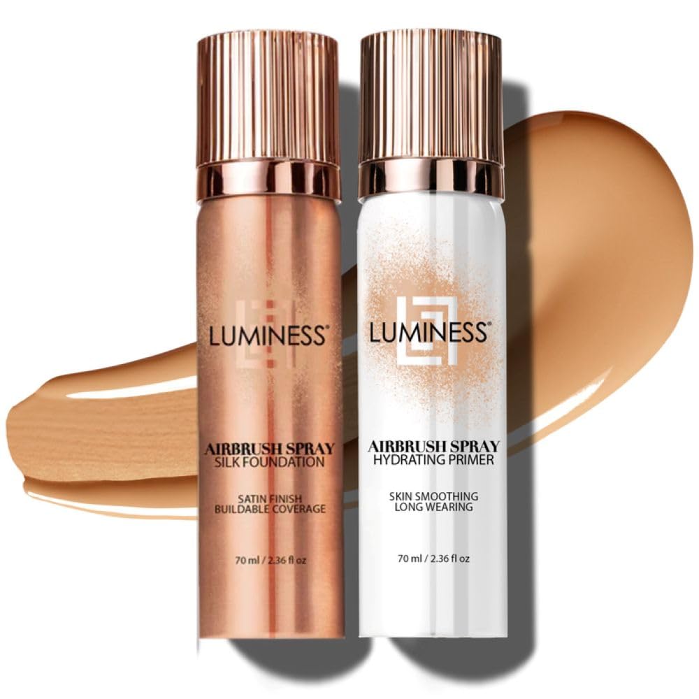 LUMINESS kit front view showing medium shade and packaging, clean finish benefit