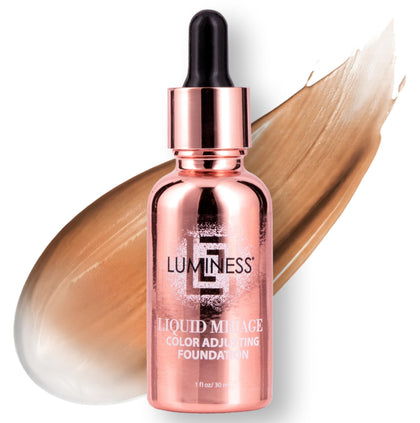 LUMINESS front packaging showing foundation bottle and tan shade benefit: easy identification
