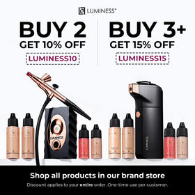 LUMINESS primer inside makeup bag showing convenient on-the-go benefit