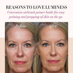 LUMINESS primer next to common items showing travel-friendly benefit