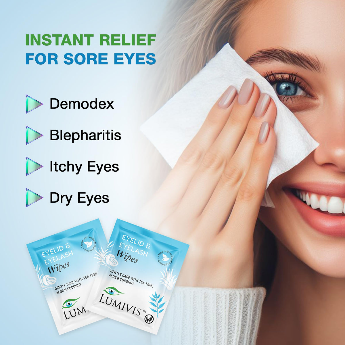 Lumivis natural ingredient display with tea tree and aloe benefits