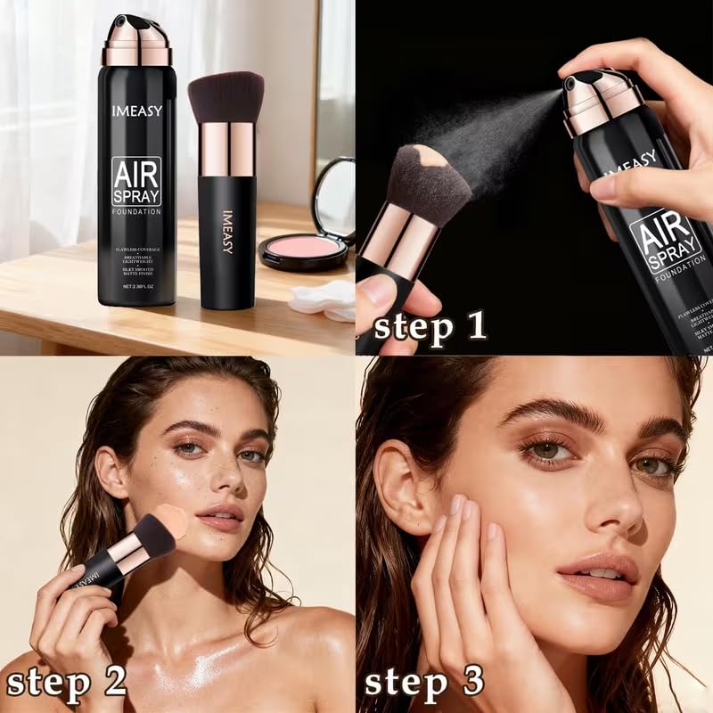Lumiyou foundation sprayed onto brush demonstrating easy application and buildable coverage