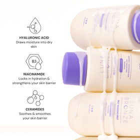 Luna Bronze bottle in hand showing product size and travel-friendly benefit