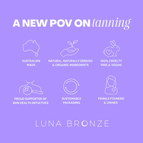 Luna Bronze ingredients label close-up showing natural and vegan formulation