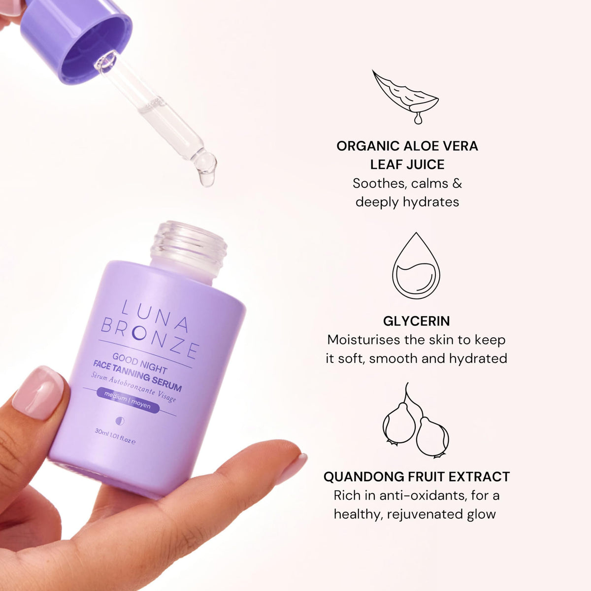Luna Bronze label close-up highlighting vitamin C and Australian botanicals