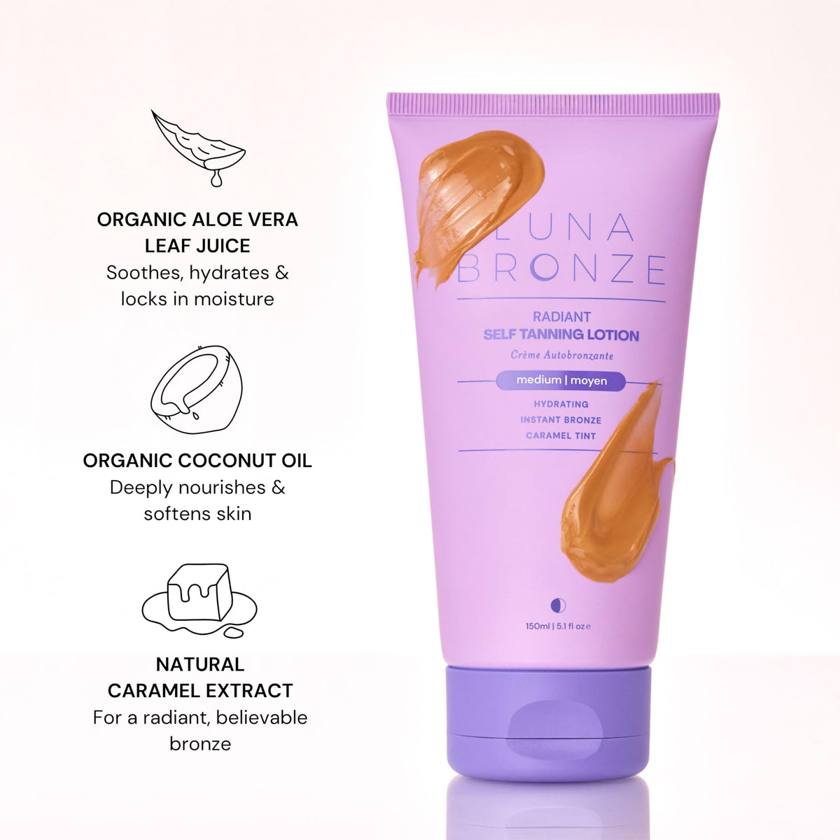 Luna Bronze 150ml bottle next to coin for size and portability benefit