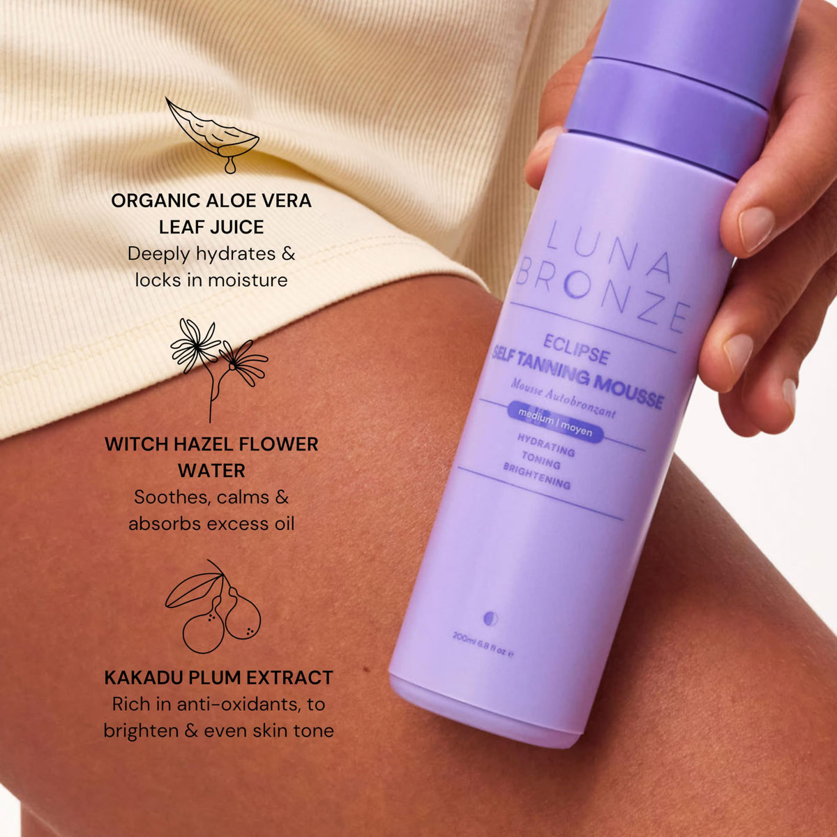 Luna Bronze bottle beside a hand for size scale, travel-friendly 200ml benefit