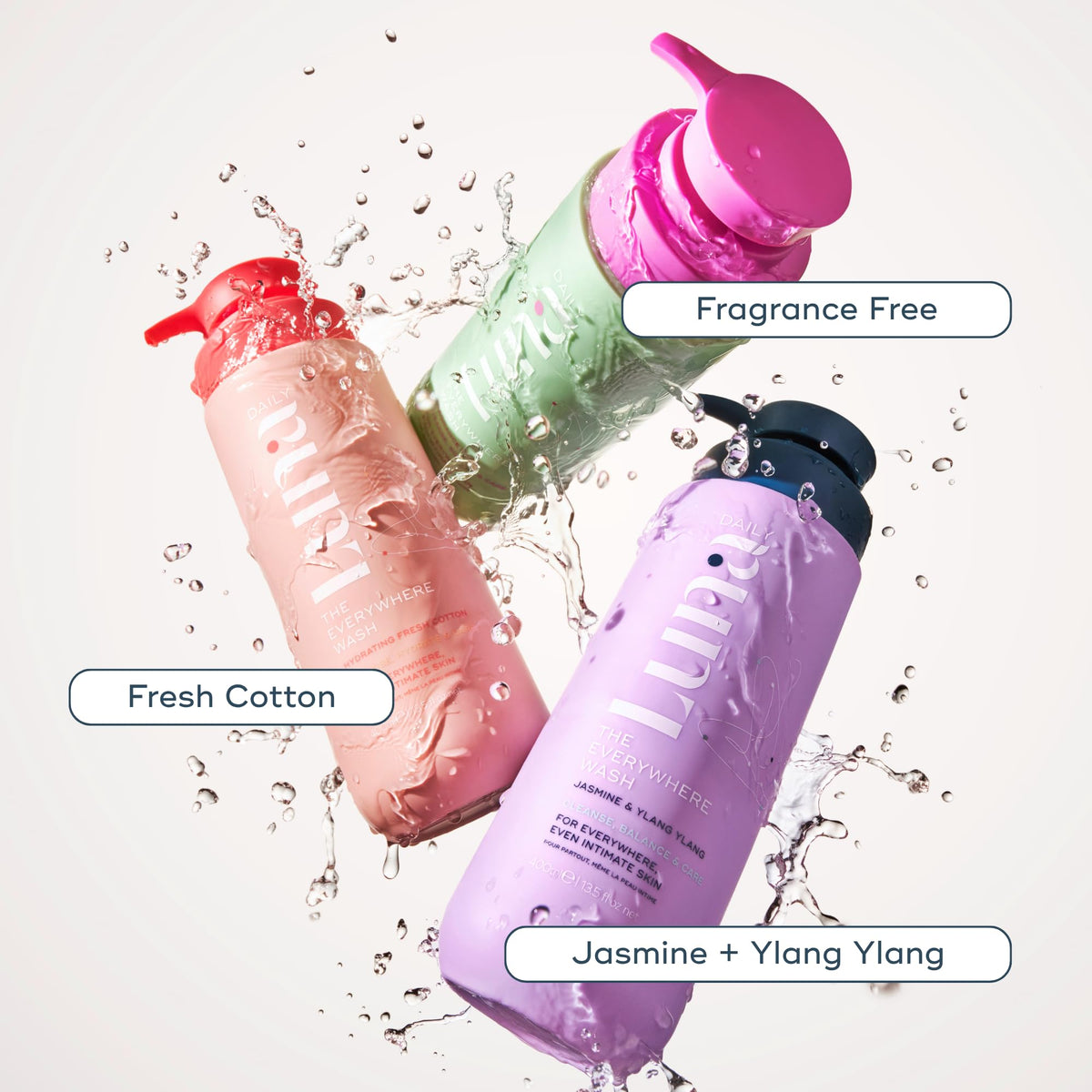 Luna Daily bottle on bath shelf suggesting clean, balanced routine benefits
