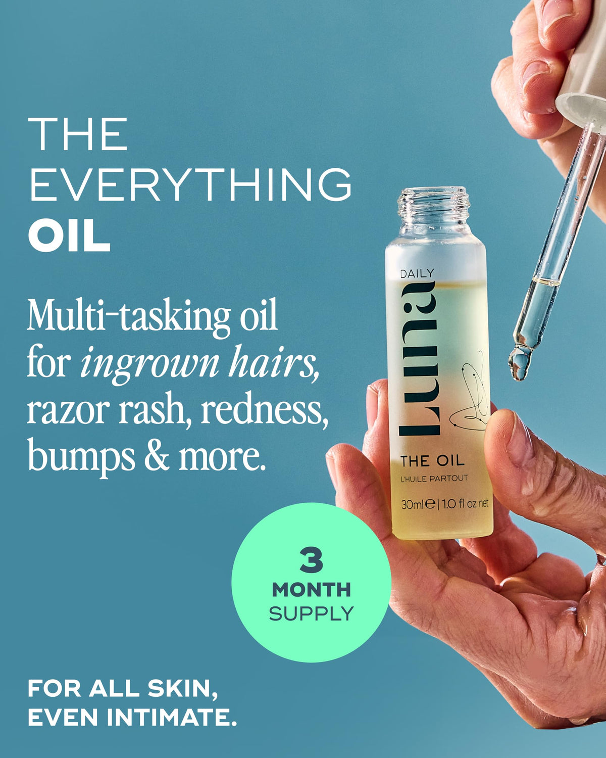 Luna Daily close-up dropper releasing oil, showing lightweight texture and absorbency