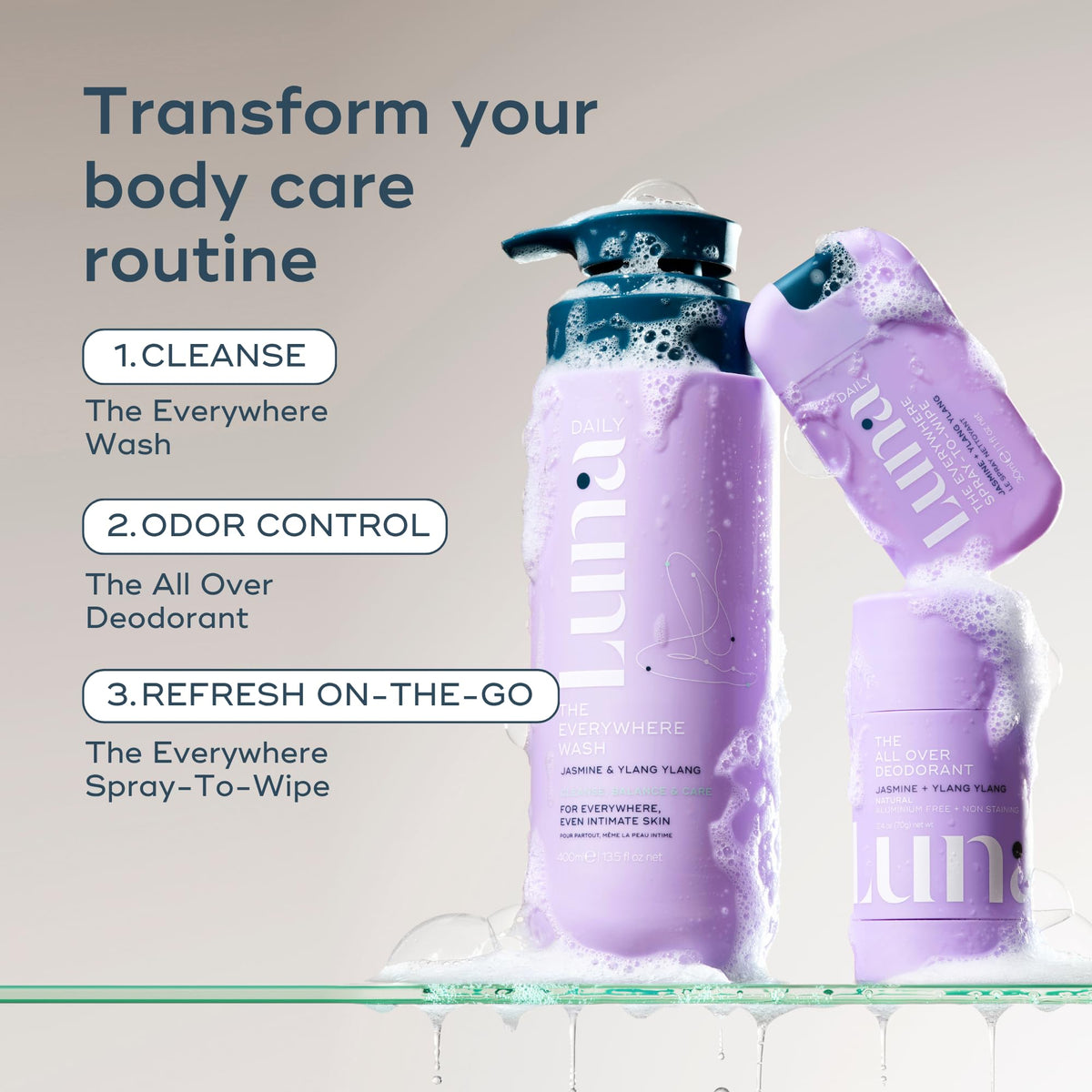 Luna Daily on a bathroom shelf showing daily routine integration