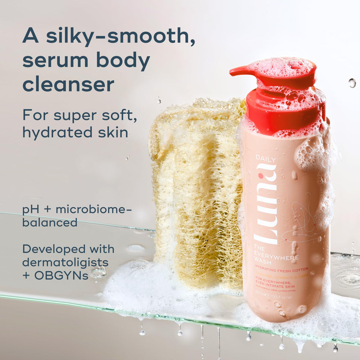 Luna Daily pump and label close-up highlighting gentle pH-balanced care