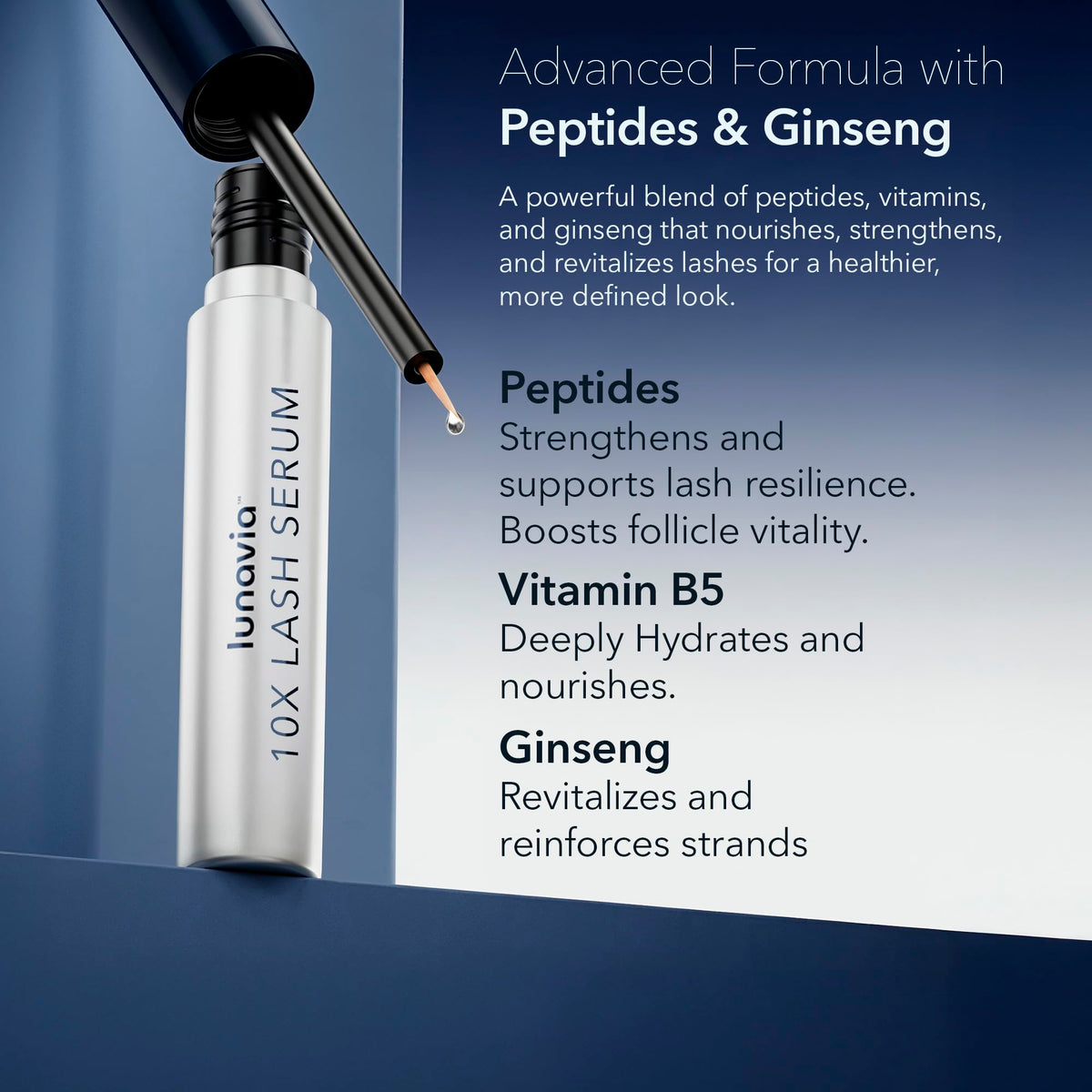 lunavia bottle beside ginseng and botanical elements emphasizing nourishing ingredients