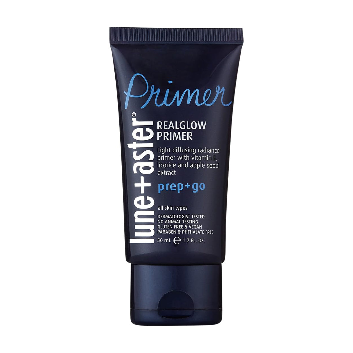 Lune+Aster RealGlow primer front packaging shows sleek bottle and brand benefit