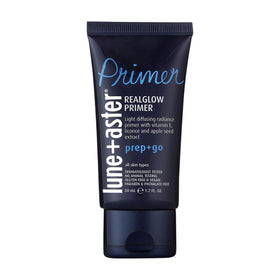 Lune+Aster RealGlow primer front packaging shows sleek bottle and brand benefit
