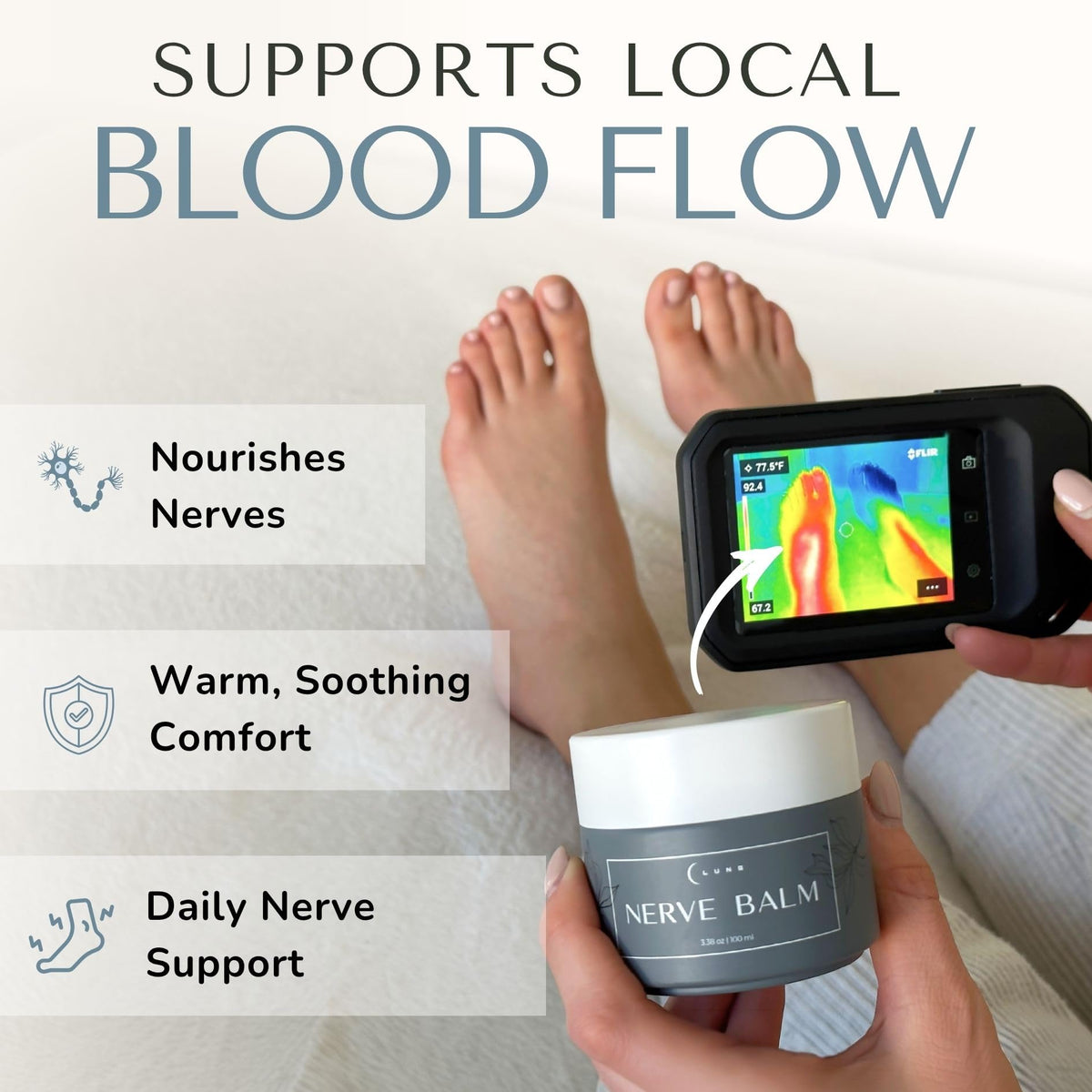 Lune nerve balm being applied to foot illustrating targeted soothing relief