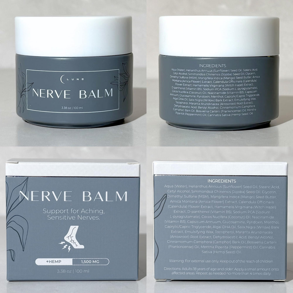 Lune nerve balm label closeup listing key ingredients to inform ingredient-conscious buyers