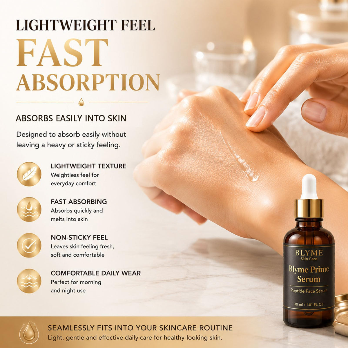 Luooin BLYME serum applied on hand demonstrating spreadability and hydration